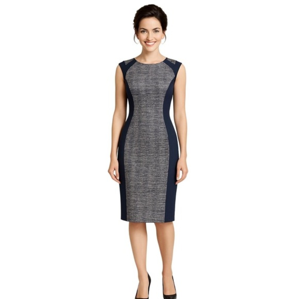 Enfocus Studio Women Navy Blue Gray Colorblock Textured Sheath Dress Size 4